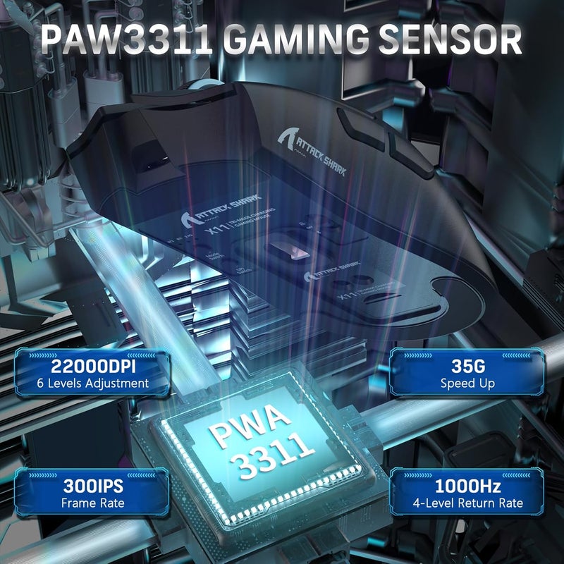 Magic-Refiner Attack Shark X11 59g Superlight Wireless Gaming Mouse with Magnetic RGB Charging Dock，BT/2.4G Wireless/Wired Mouse, 22000 DPI，5 Programmable Buttons for PC/Laptop/Mac（Black） - Image 4